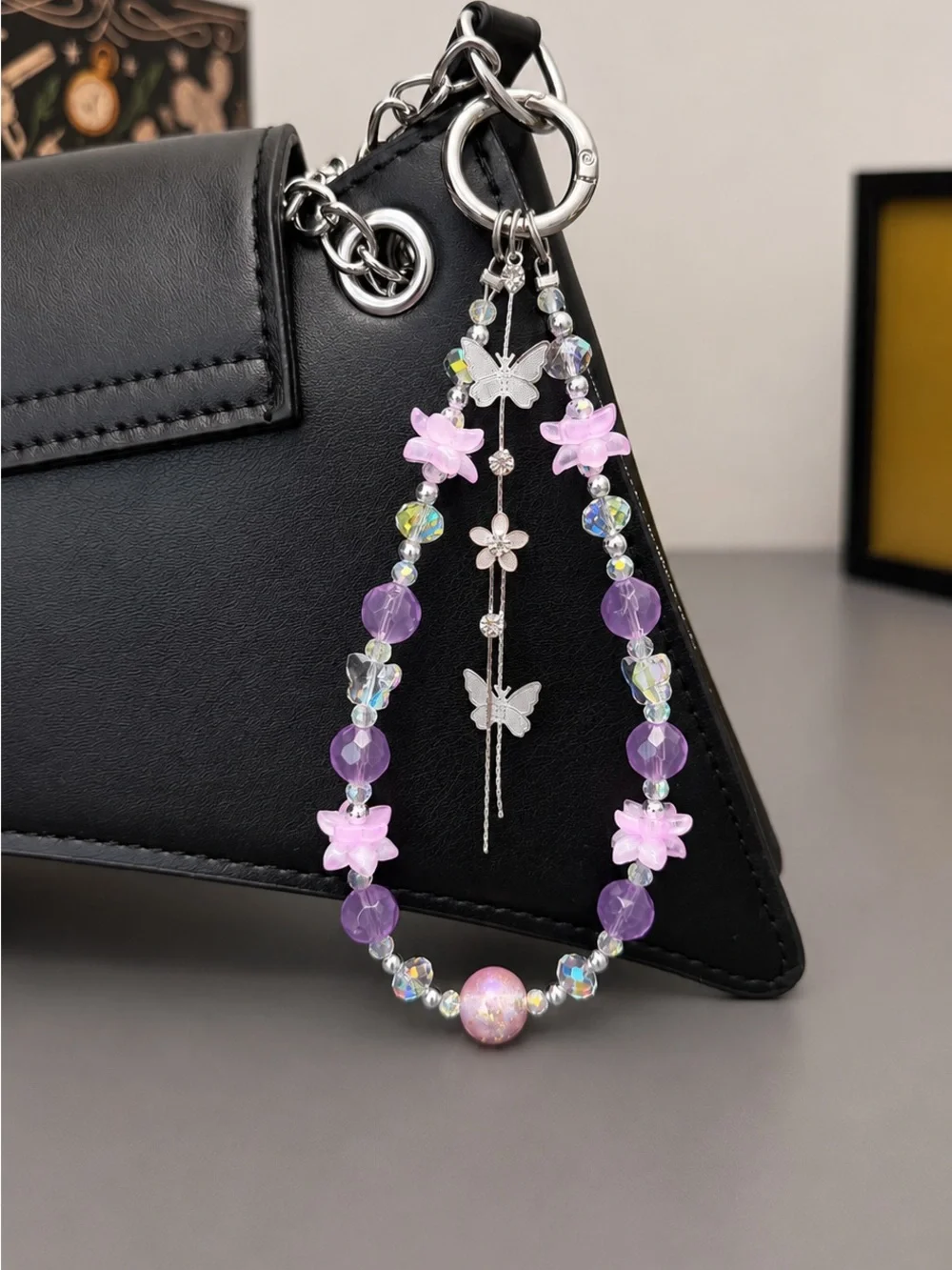 Purple Butterfly Bag Charm, Phone Charm, Beaded Purse Charm, Cute Gift, Y2K